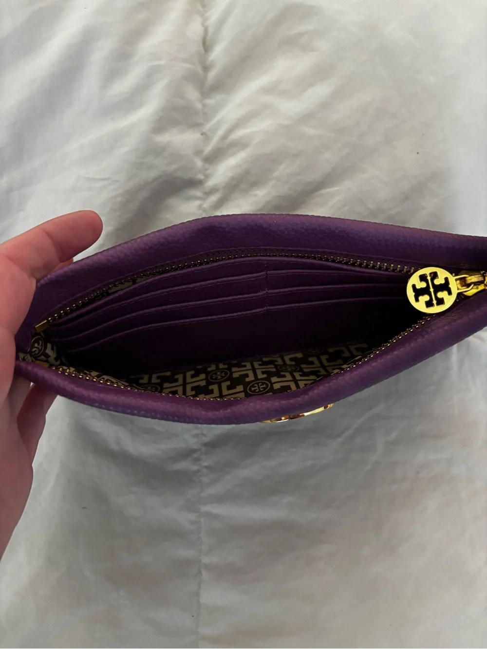 Tory Burch Purple Leather Zip Wristlet with Gold Logo Accent